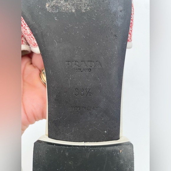 Prada Red White Jacquard canvas logo embroidered quilted leather sandals EU 38.5 - Picture 10 of 10